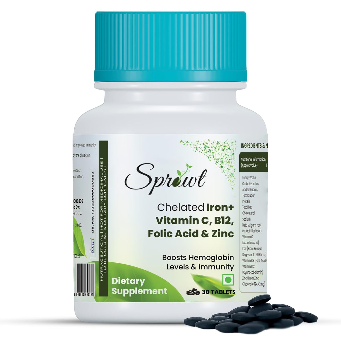 Sprowt Chelated Iron Tablets with Vitamin C, Zinc, B12 & Folic Acid - Energy & Blood Health Support, Gentle on Stomach, 100% RDA, Vegetarian | 30 Tablets